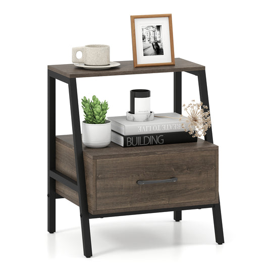 LIVSK Nachtkastje met Metalen Frame - Open Plank en Lade - Duurzaam en Stabiel - 45 x 35 x 52,5 cm - Grijs