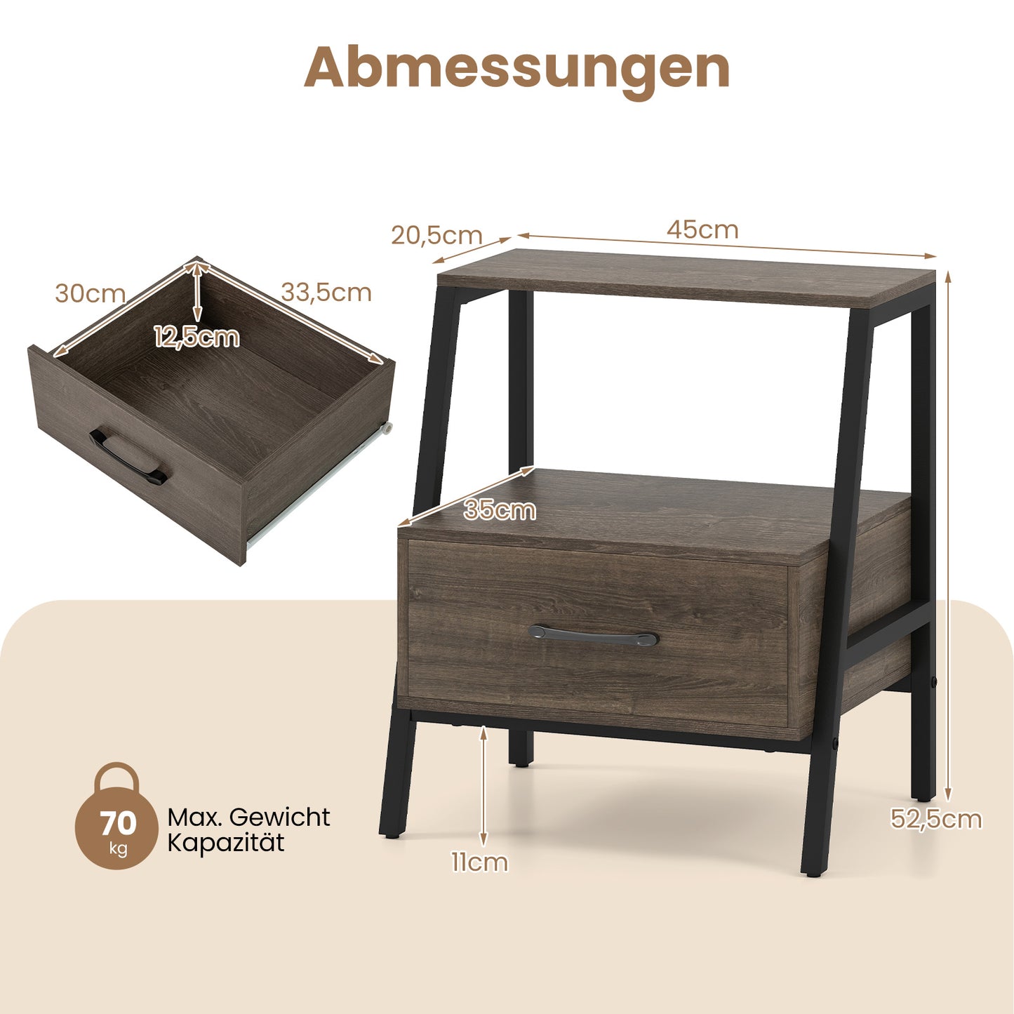 LIVSK Nachtkastje met Metalen Frame - Open Plank en Lade - Duurzaam en Stabiel - 45 x 35 x 52,5 cm - Grijs