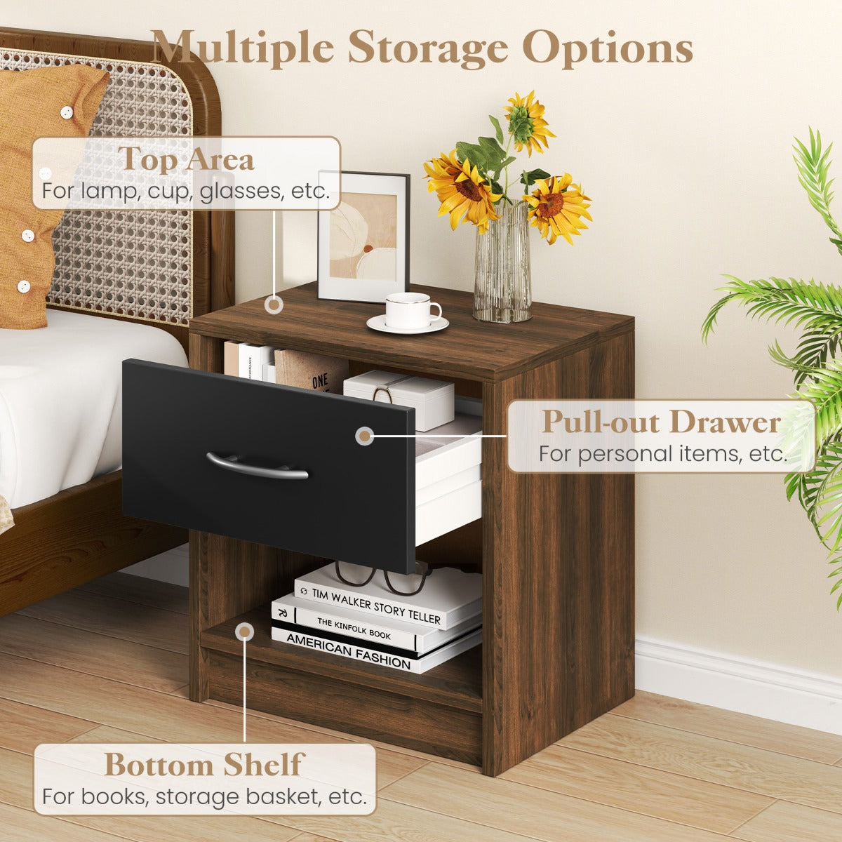 LIVSK Nachtkastje met Uittrekbare Lade - Ruim Bovenblad en Open Plank - Stevige Structuur met Antislip Pads - Modern Design -