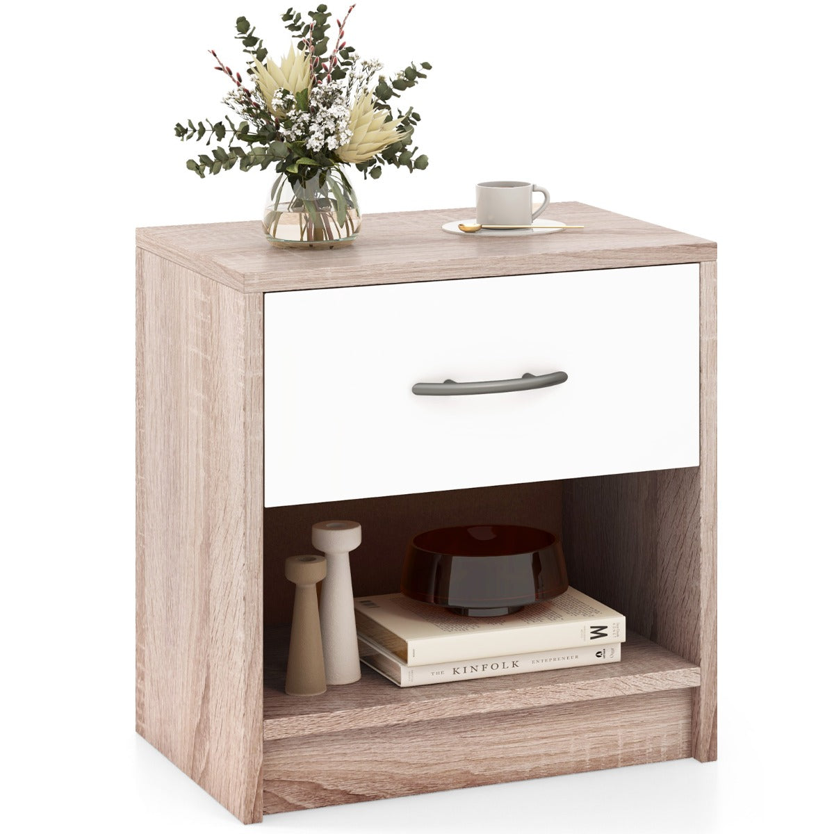 LIVSK Modern Nachtkastje met Uittrekbare Lade - Ruim Bovenblad en Open Plank - Duurzaam Ontwerp - 38,5 x 28 x 40,5 cm - Bruin