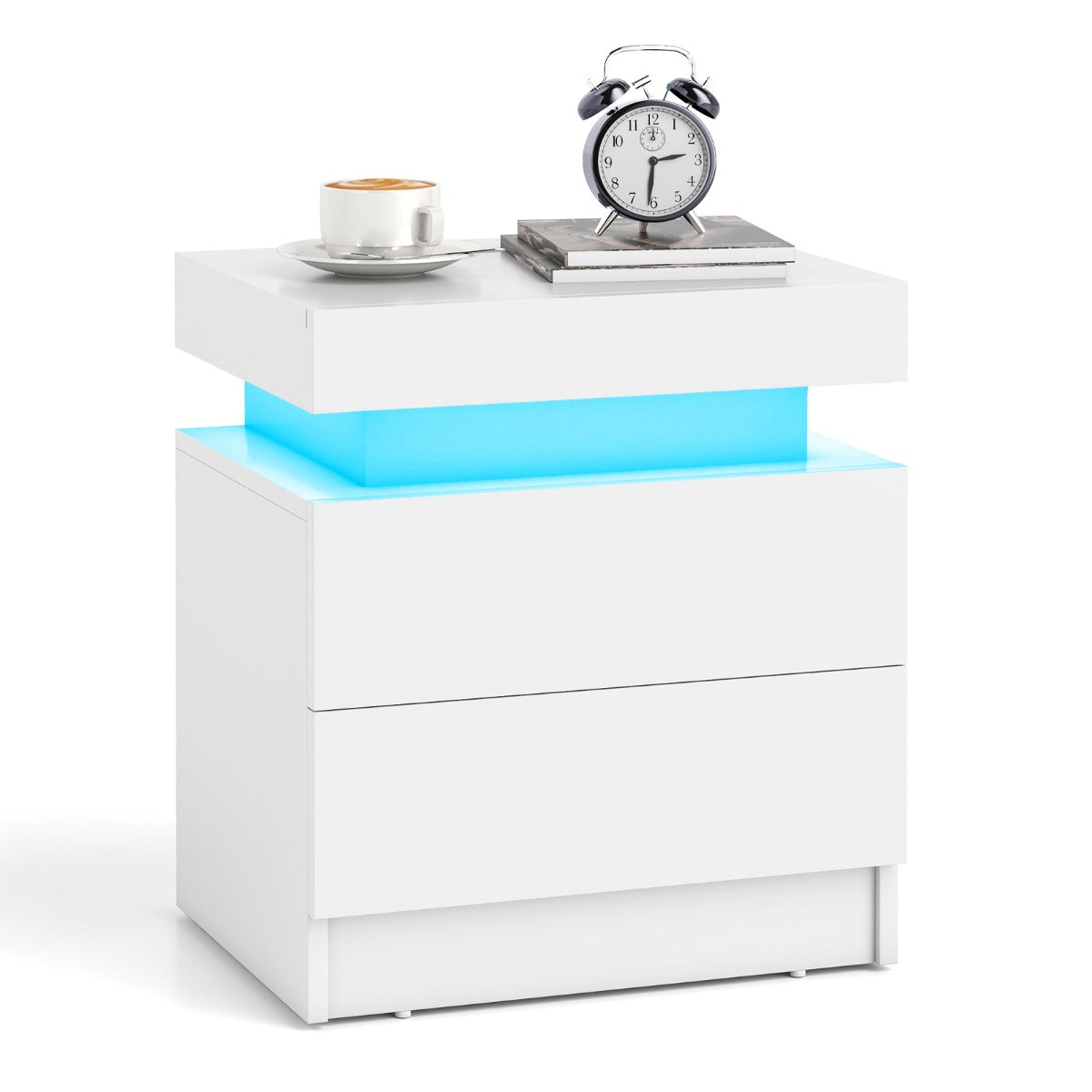 LIVSK LED-nachtcommode met 2 lades - Hoogglanzend zwart met marmerstructuur - RGB-verlichting - 45 x 35 x 52 cm - Wit