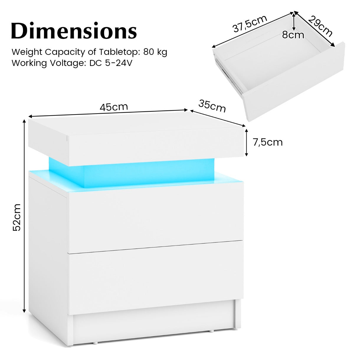 LIVSK LED-nachtcommode met 2 lades - Hoogglanzend zwart met marmerstructuur - RGB-verlichting - 45 x 35 x 52 cm - Wit