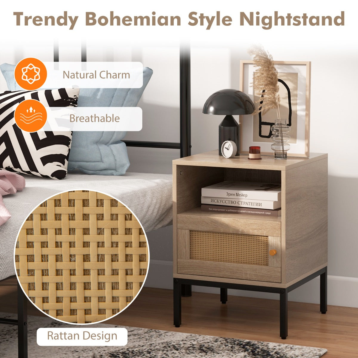 LIVSK Nachtkastje Bohemien Stijl - Rotan Design - Ruim Tafelblad - Open Plank - Kast met Deur - 40 x 40 x 57 cm - Natuurlijk