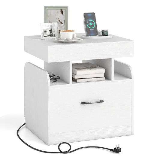 LIVSK Nachtkastje met Oplaadstation - 2 Stopcontacten, 1 USB, 1 Type-C - Verstelbaar Tafelblad - 50 x 40 x 55 cm - Wit