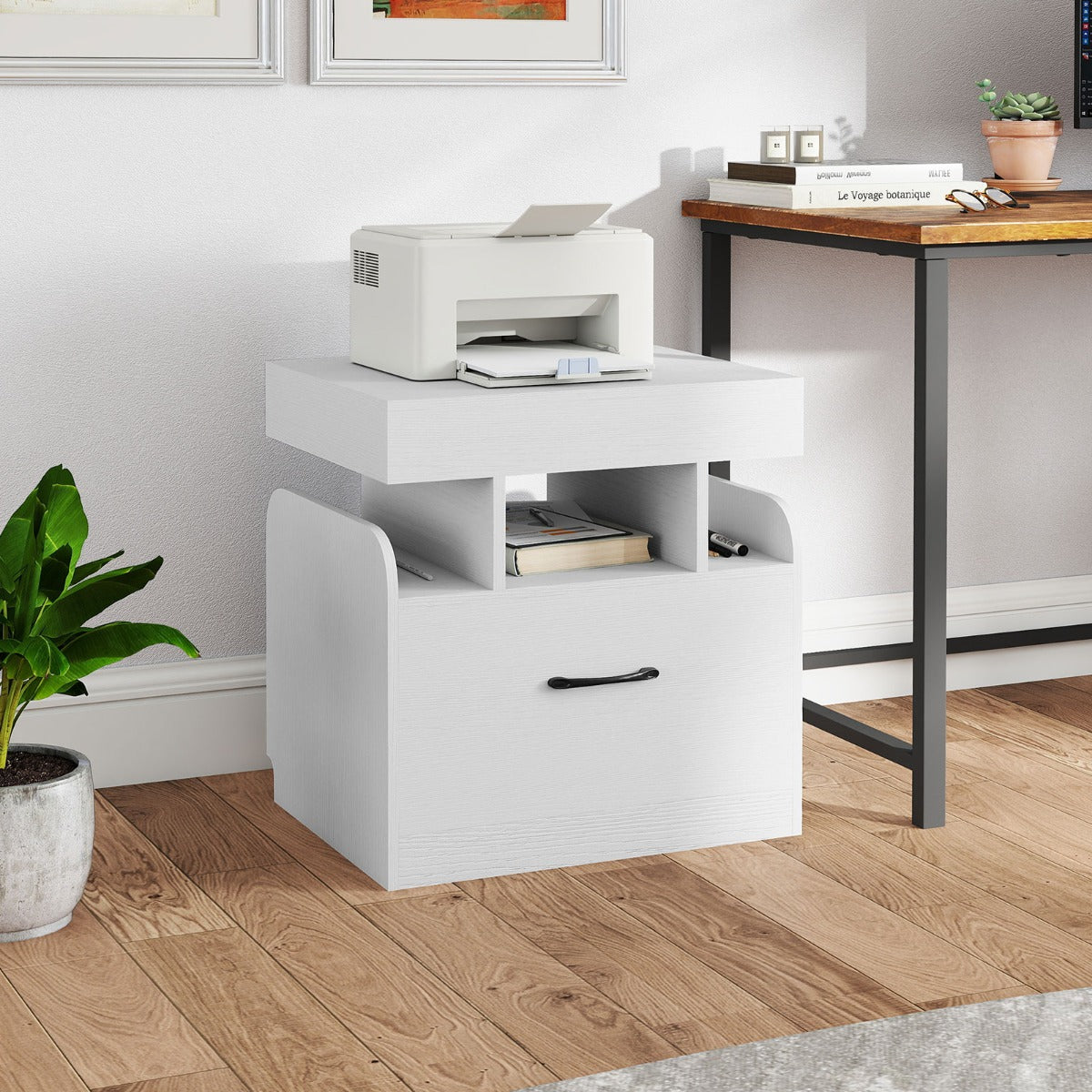 LIVSK Nachtkastje met Oplaadstation - 2 Stopcontacten, 1 USB, 1 Type-C - Verstelbaar Tafelblad - 50 x 40 x 55 cm - Wit