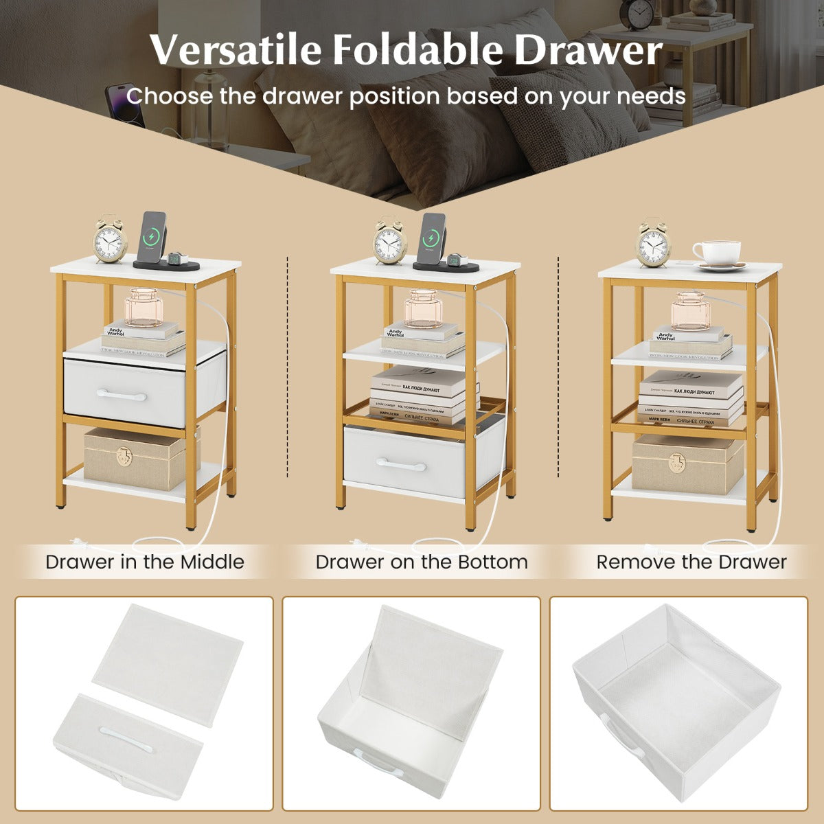 Livsk costway nachtkastje met oplaadstation bijzettafel met stoffen lade en open opbergvakken bijzettafel met metalen frame moderne bijzettafel wit