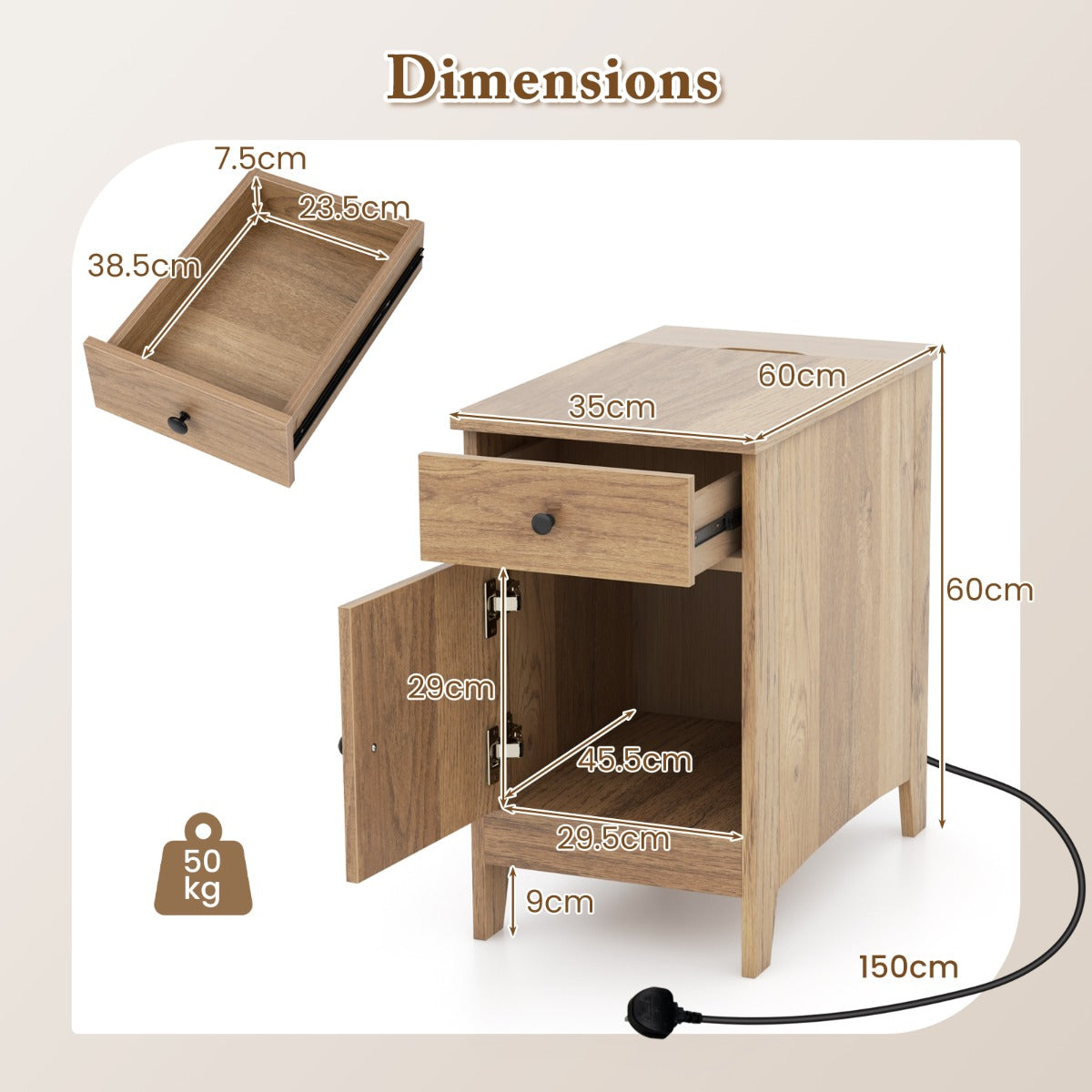 LIVSK Bijzettafel met Laadstation - 2 Stopcontacten - USB en Type-C Poort - Uittrekbare Lade - Eigentijds Ontwerp - Natuurlijke