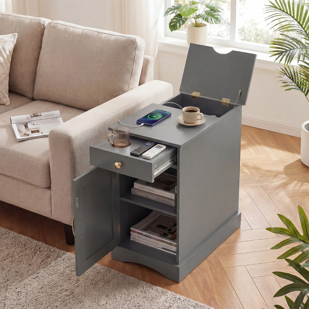 Livsk costway nachtkastje met oplaadstation bijzettafel met verstelbare plank houten nachtkastje set van 2 grijs 6