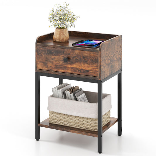 LIVSK Nachtkastje met Oplaadstation - 2 USB-Poorten - Opberglade en Plank - Duurzaam Gelamineerd Hout - 42 x 30 x 60 cm - Rustiek