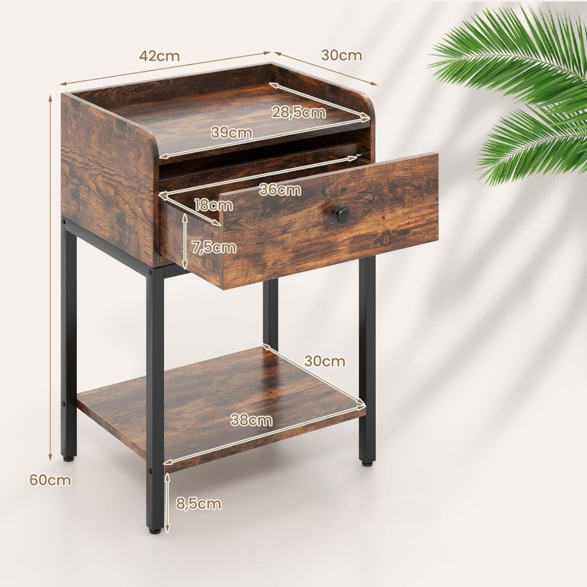 LIVSK Nachtkastje met Oplaadstation - 2 USB-Poorten - Opberglade en Plank - Duurzaam Gelamineerd Hout - 42 x 30 x 60 cm - Rustiek