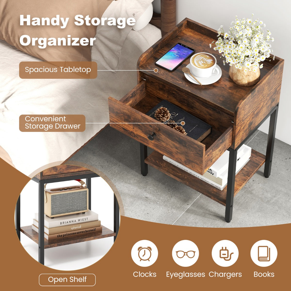 LIVSK Nachtkastje met Oplaadstation - 2 USB-Poorten - Opberglade en Plank - Duurzaam Gelamineerd Hout - 42 x 30 x 60 cm - Rustiek