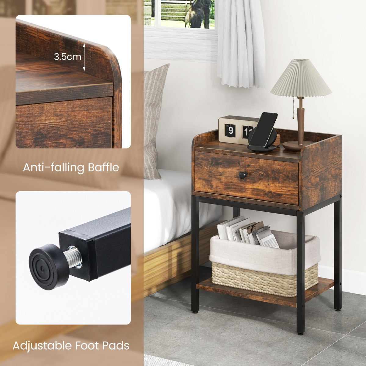 LIVSK Nachtkastje met Oplaadstation - 2 USB-Poorten - Opberglade en Plank - Duurzaam Gelamineerd Hout - 42 x 30 x 60 cm - Rustiek