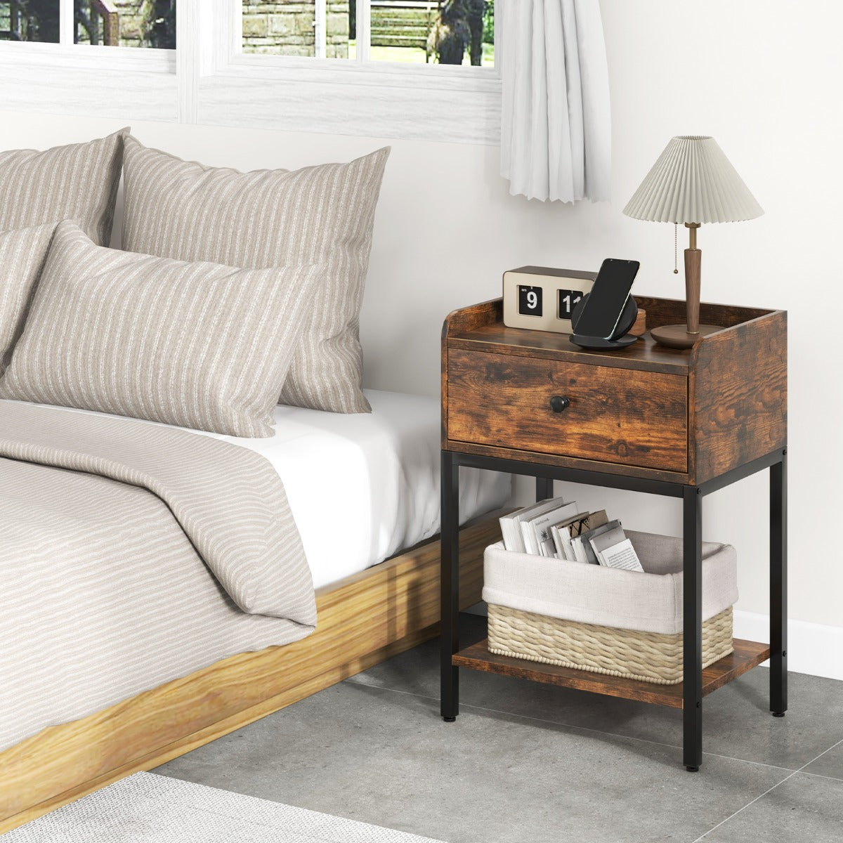 LIVSK Nachtkastje met Oplaadstation - 2 USB-Poorten - Opberglade en Plank - Duurzaam Gelamineerd Hout - 42 x 30 x 60 cm - Rustiek