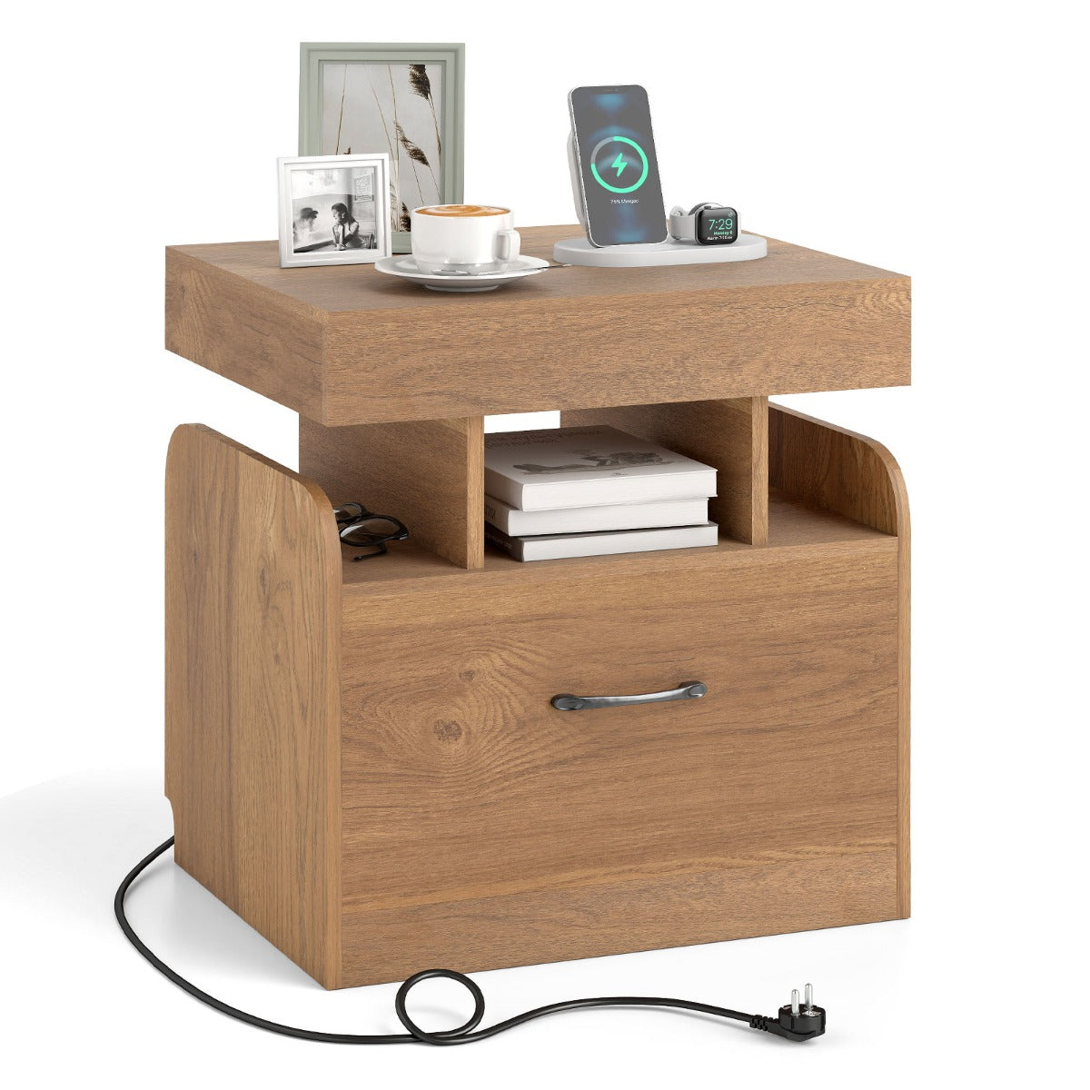 LIVSK Nachtkastje met Oplaadstation - 2 Stopcontacten - USB & Type-C - Verstelbaar Tafelblad - Natuurlijke Kleur