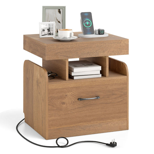 LIVSK Nachtkastje met Oplaadstation - 2 Stopcontacten - USB & Type-C - Verstelbaar Tafelblad - Natuurlijke Kleur
