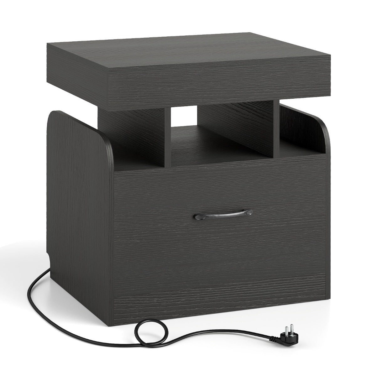 LIVSK Nachtkastje met Oplaadstation - 2 Stopcontacten - USB en Type-C Poort - 3 Open Vakken - Lade - 50 x 40 x 55 cm - Zwart