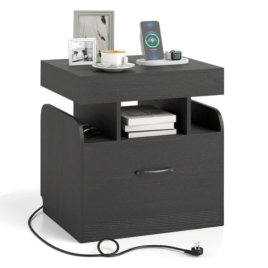 LIVSK Nachtkastje met Oplaadstation - 2 Stopcontacten - USB en Type-C Poort - 3 Open Vakken - Lade - 50 x 40 x 55 cm - Zwart