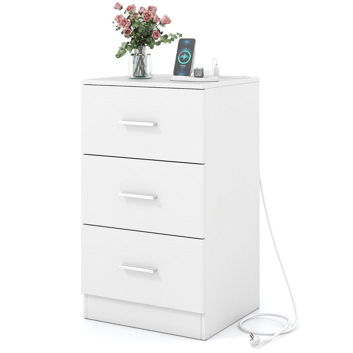 Livsk costway nachtkastje met oplaadstation modern nachtkastje met 3 opberglades 38 x 35 x 66 cm wit 1 1