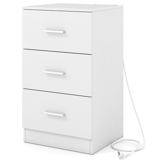 Livsk costway nachtkastje met oplaadstation modern nachtkastje met 3 opberglades 38 x 35 x 66 cm wit
