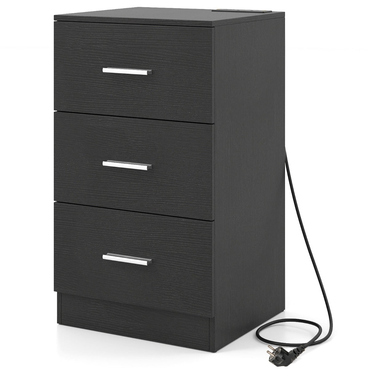 Livsk costway nachtkastje met oplaadstation modern nachtkastje met 3 opberglades 38 x 35 x 66 cm zwart