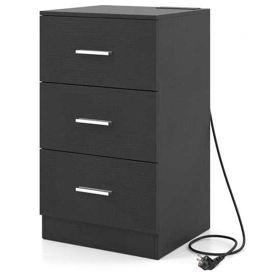 Livsk costway nachtkastje met oplaadstation modern nachtkastje met 3 opberglades 38 x 35 x 66 cm zwart