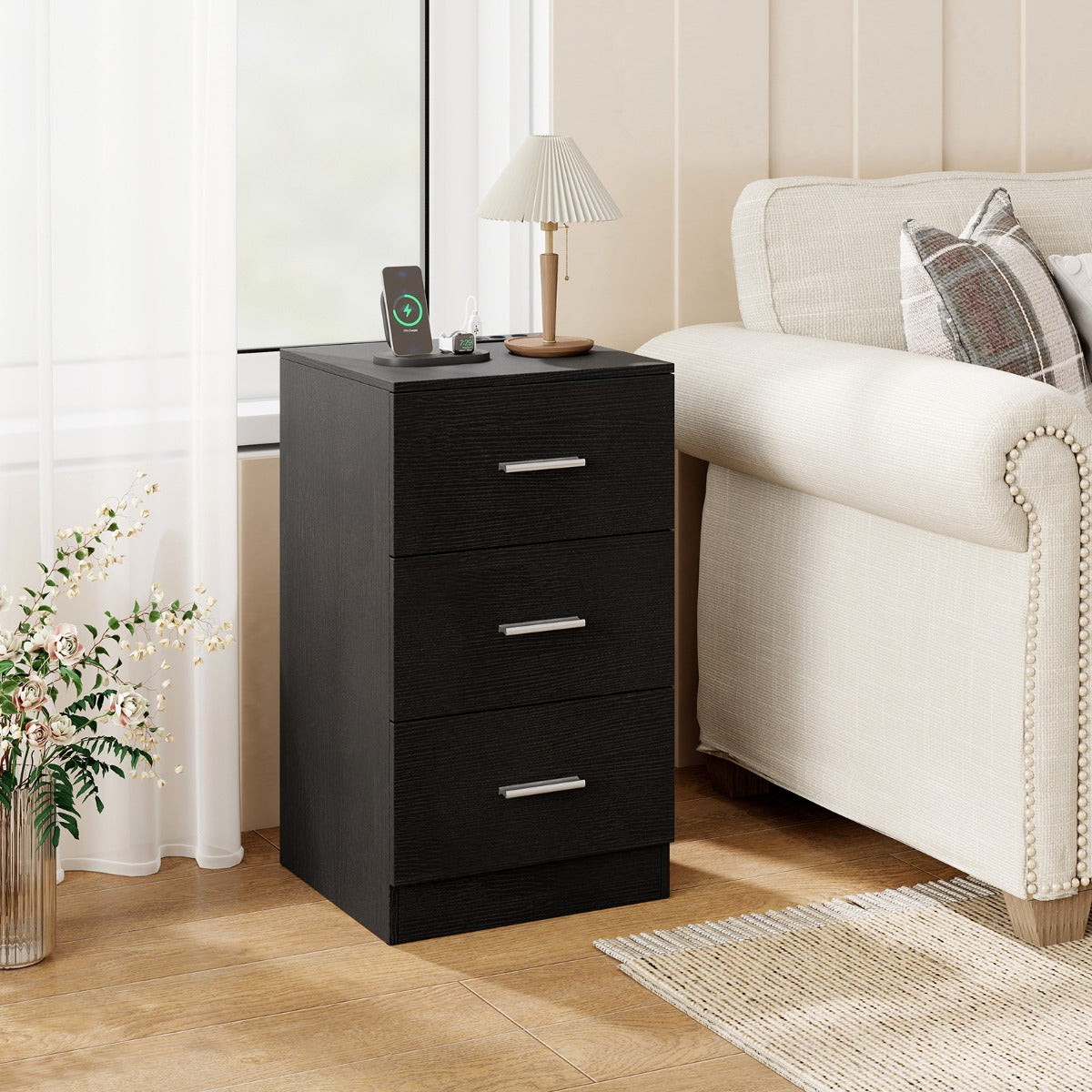 Livsk costway nachtkastje met oplaadstation modern nachtkastje met 3 opberglades 38 x 35 x 66 cm zwart 6
