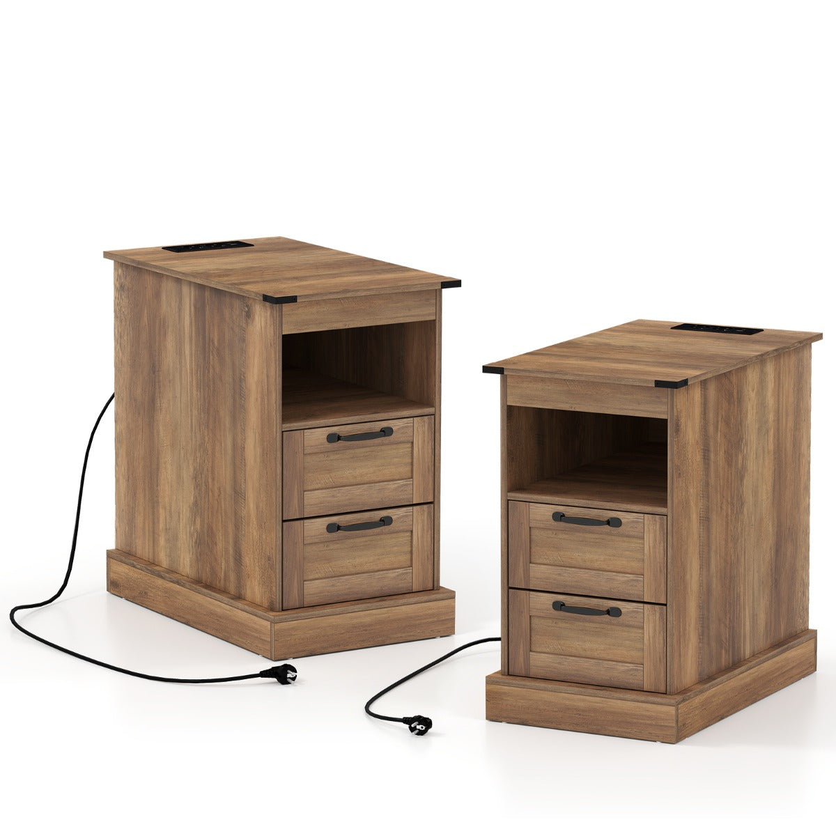 Livsk costway nachtkastje met oplaadstation smal bijzettafeltje met open opbergvak en 2 lades set van 2 bruin 1