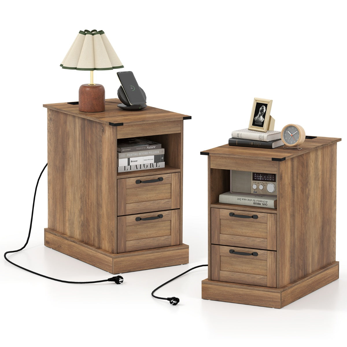 Livsk costway nachtkastje met oplaadstation smal bijzettafeltje met open opbergvak en 2 lades set van 2 bruin