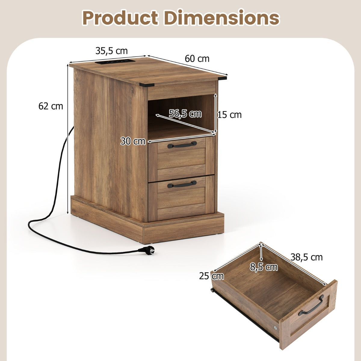 Livsk costway nachtkastje met oplaadstation smal bijzettafeltje met open opbergvak en 2 lades set van 2 bruin
