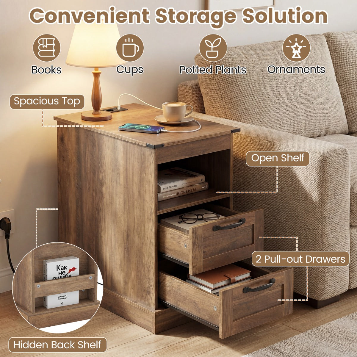 Livsk costway nachtkastje met oplaadstation smal bijzettafeltje met open opbergvak en 2 lades set van 2 bruin