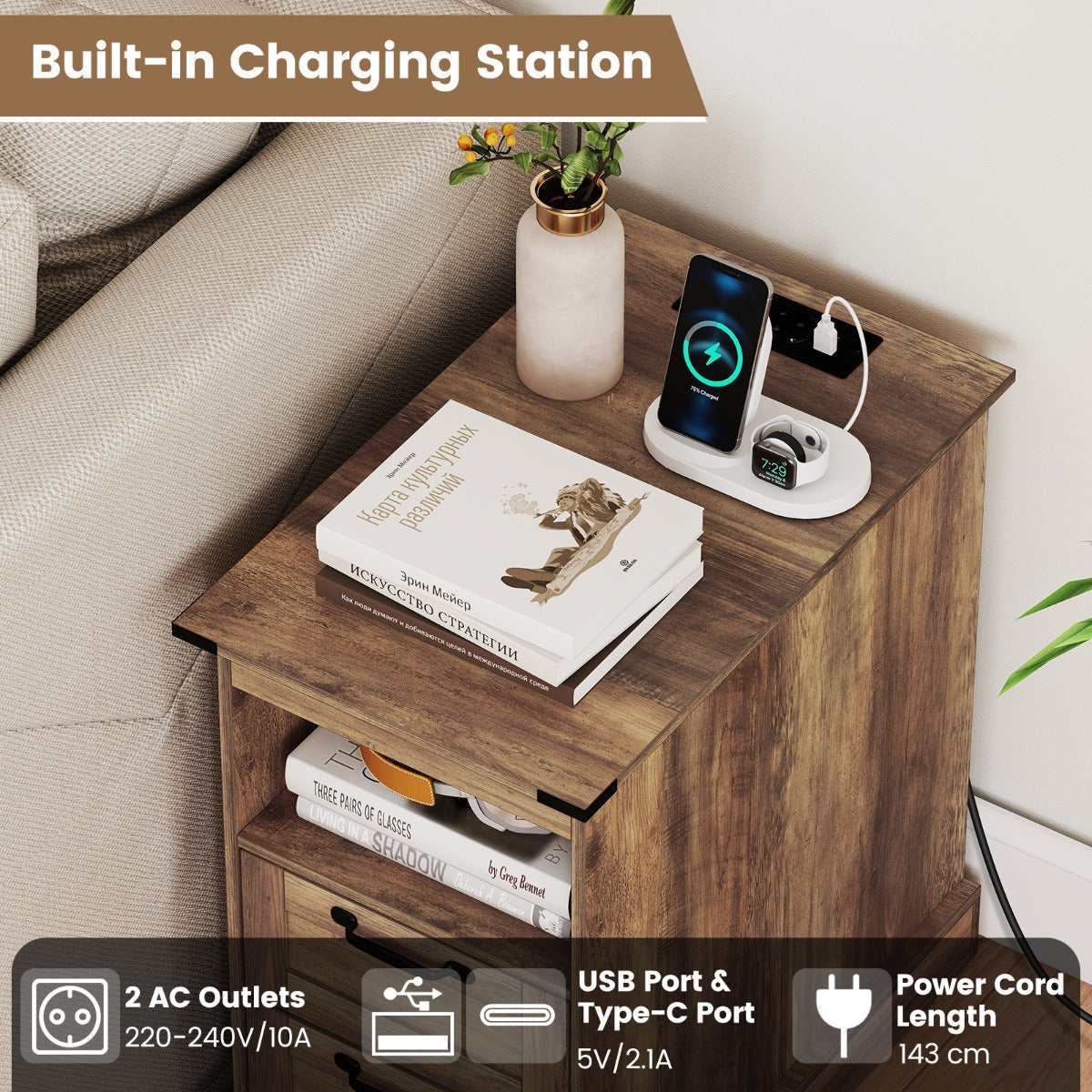 Livsk costway nachtkastje met oplaadstation smal bijzettafeltje met open opbergvak en 2 lades set van 2 bruin