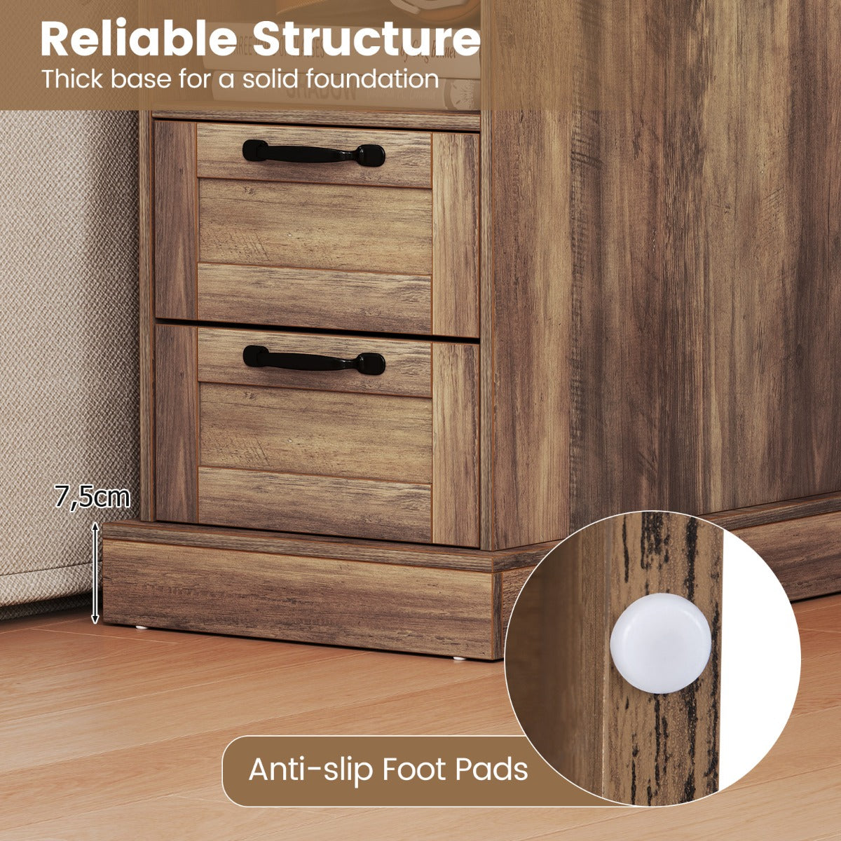 Livsk costway nachtkastje met oplaadstation smal bijzettafeltje met open opbergvak en 2 lades set van 2 bruin