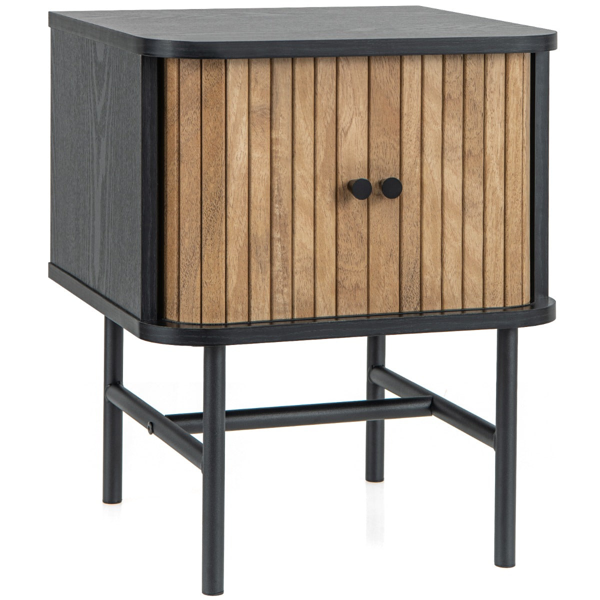 LIVSK Modern Nachtkastje met Schuifdeuren - Duurzaam Hout - Metalen Poten - Compact 40 x 39 x 49 cm - Zwart + Bruin