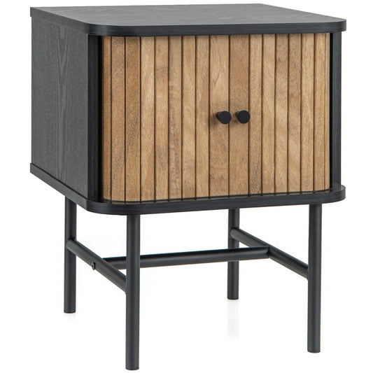LIVSK Modern Nachtkastje met Schuifdeuren - Duurzaam Hout - Metalen Poten - Compact 40 x 39 x 49 cm - Zwart + Bruin