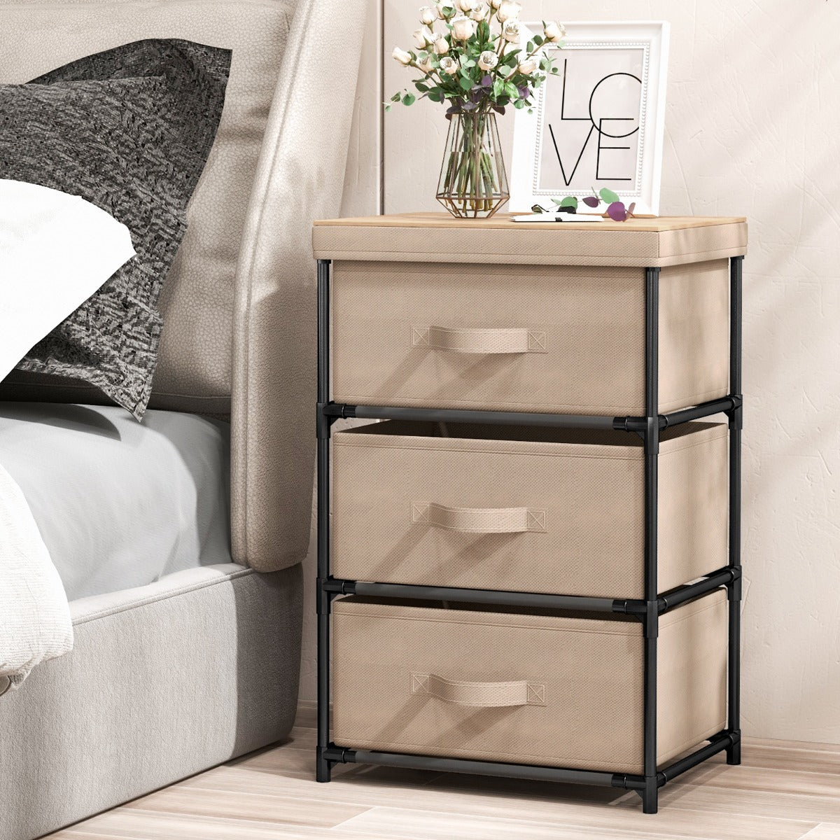 Livsk costway nachtkastje met stoffen lades bijzettafel met metalen frame stoffen ladekast kledingkast 3