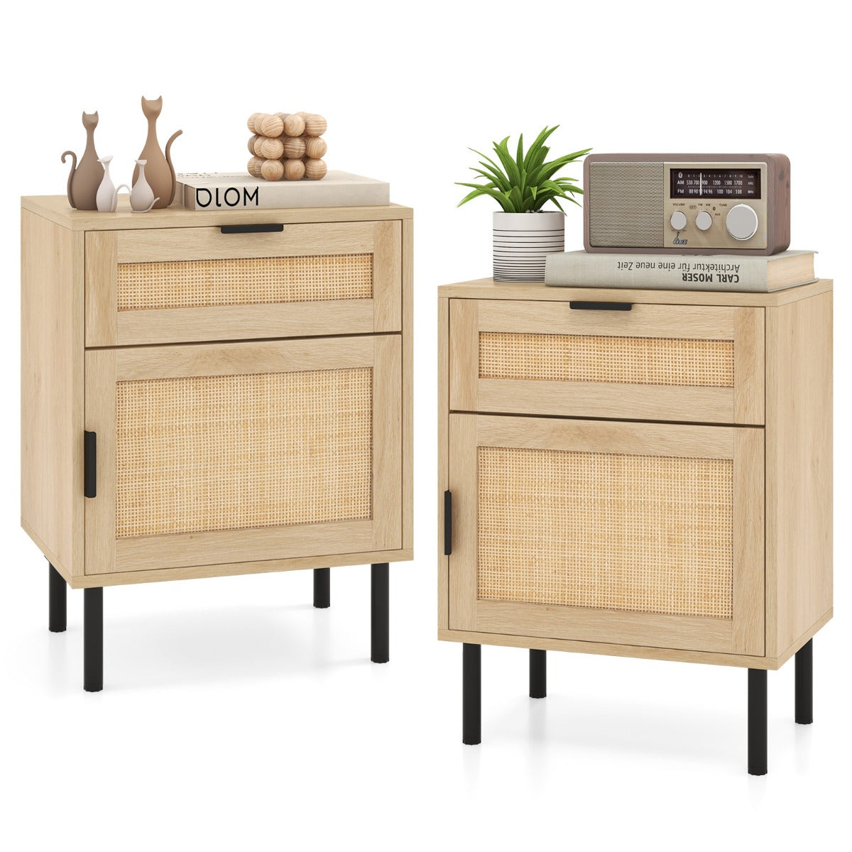 LIVSK Nachtkastjes - Rieten Decoratie - Ruime Lade en Kast - Kantelbeveiliging - Voor Slaapkamer of Woonkamer - Natuurlijk