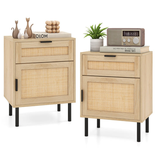 LIVSK Nachtkastjes - Rieten Decoratie - Ruime Lade en Kast - Kantelbeveiliging - Voor Slaapkamer of Woonkamer - Natuurlijk