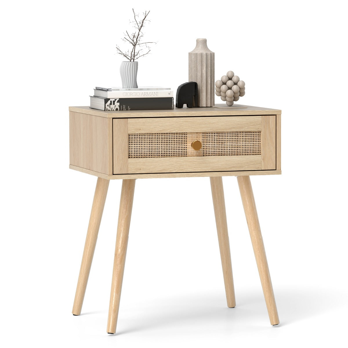LIVSK Boho Nachttafel van Riet - Handgeweven Lade - Ruim Tafelblad - Multifunctioneel - Compact 48 x 40 x 58 cm - Natuurlijk
