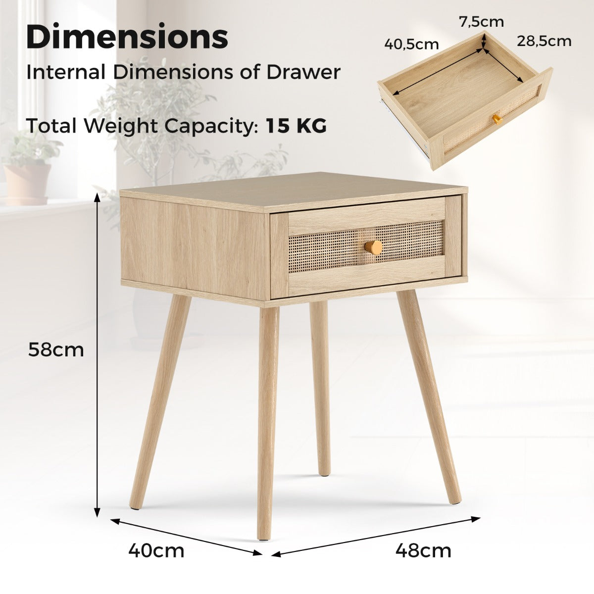 LIVSK Boho Nachttafel van Riet - Handgeweven Lade - Ruim Tafelblad - Multifunctioneel - Compact 48 x 40 x 58 cm - Natuurlijk