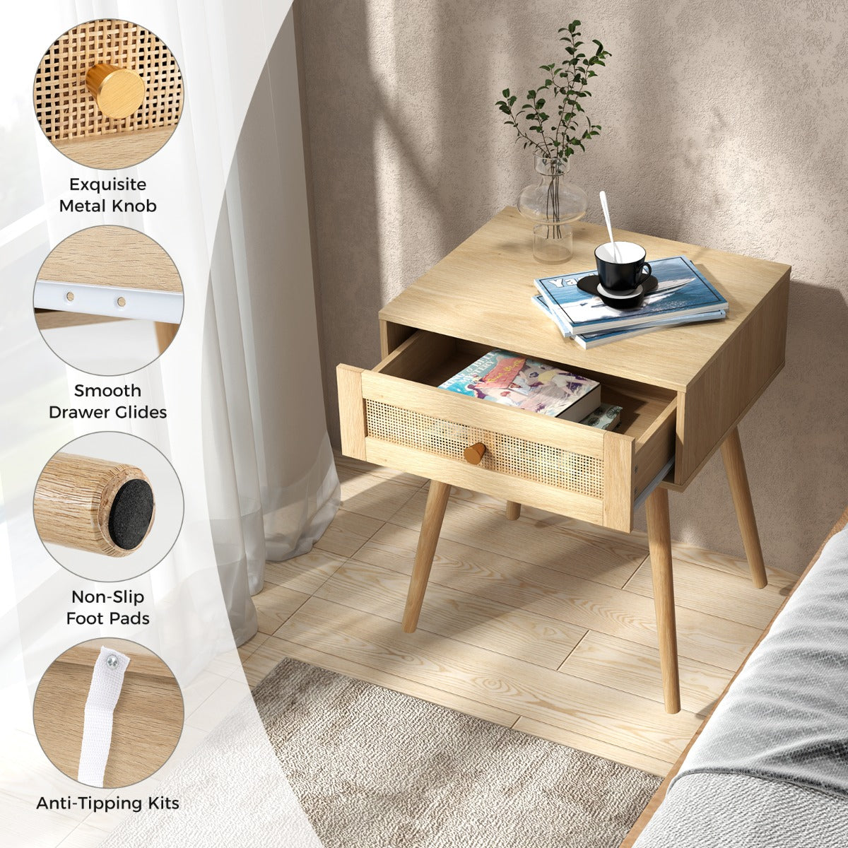 LIVSK Boho Nachttafel van Riet - Handgeweven Lade - Ruim Tafelblad - Multifunctioneel - Compact 48 x 40 x 58 cm - Natuurlijk