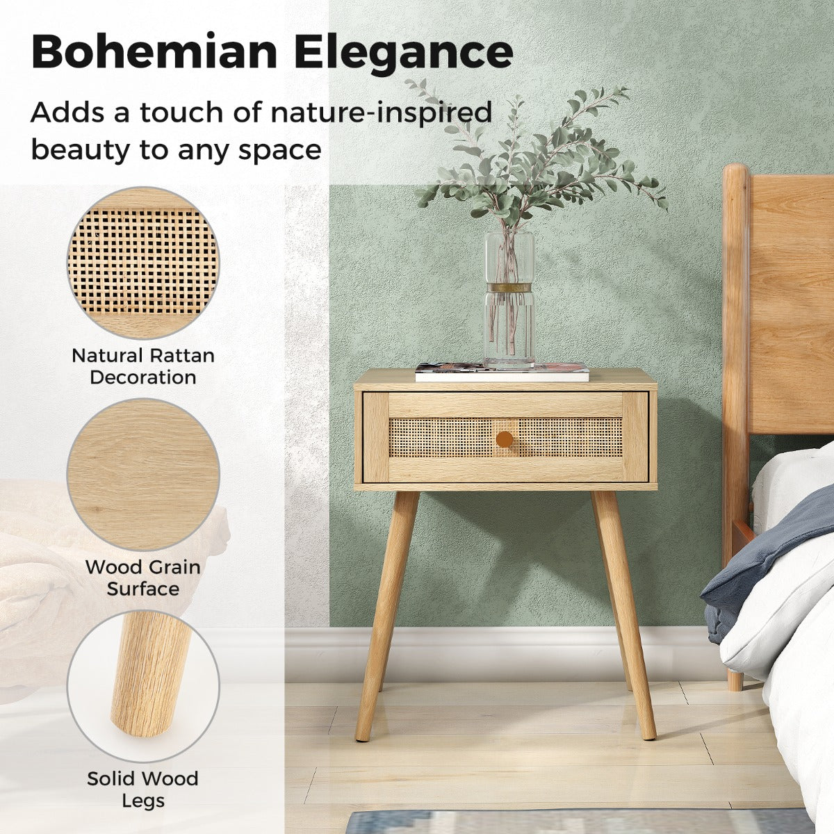 LIVSK Boho Nachttafel van Riet - Handgeweven Lade - Ruim Tafelblad - Multifunctioneel - Compact 48 x 40 x 58 cm - Natuurlijk