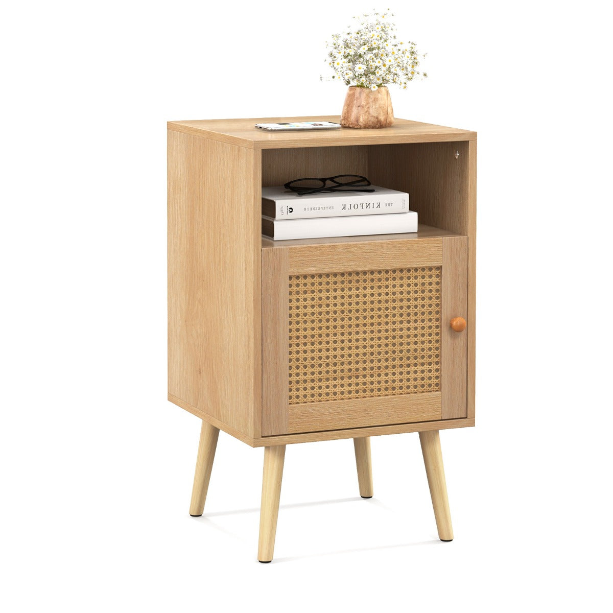 LIVSK Rotan Nachtkastje met Laadstation - 3 Niveaus Opbergruimte - Stabiele Grenen Poten - Voor Slaapkamer & Woonkamer - 40 x 39