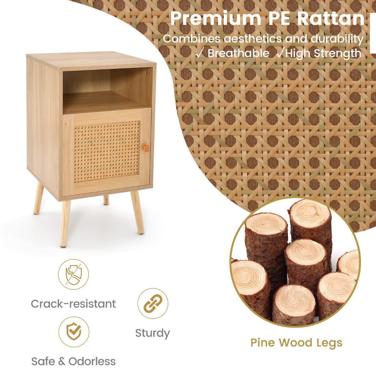 LIVSK Rotan Nachtkastje met Laadstation - 3 Niveaus Opbergruimte - Stabiele Grenen Poten - Voor Slaapkamer & Woonkamer - 40 x 39