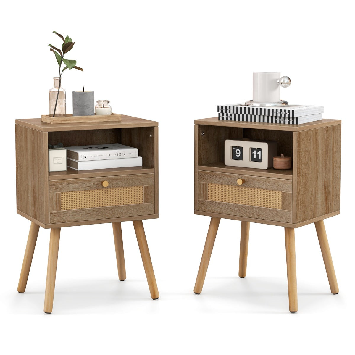 LIVSK Set van 2 Rotan Nachtkastjes - Bohemien Stijl met Opberglade en Open Planken - Massief Houten Poten - 40 x 30 x 60,5 cm -