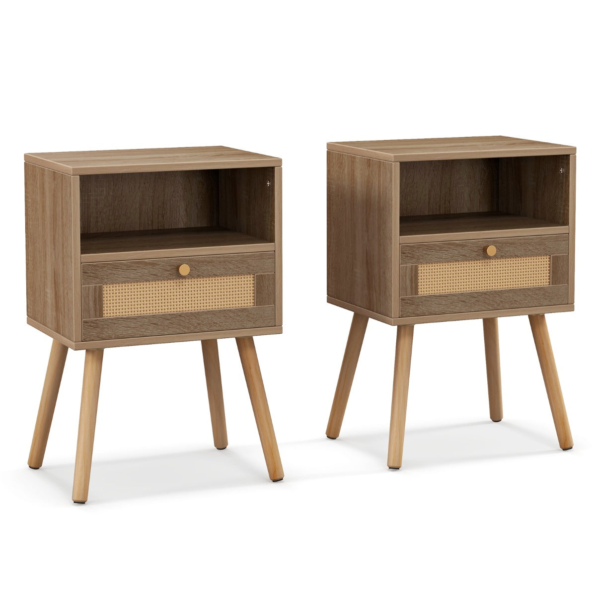 LIVSK Set van 2 Rotan Nachtkastjes - Bohemien Stijl met Opberglade en Open Planken - Massief Houten Poten - 40 x 30 x 60,5 cm -