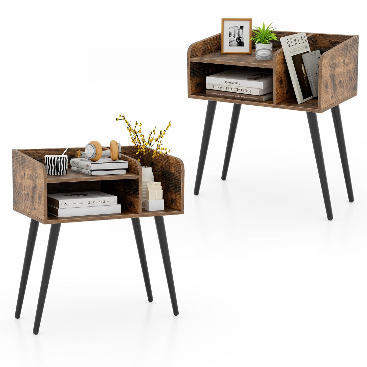 LIVSK Nachtkastje Set van 2 - Verhoogd Design met Open Opbergruimte - Slanke Metalen Poten - Veiligheidsdetails - 50 x 32 x 58 cm