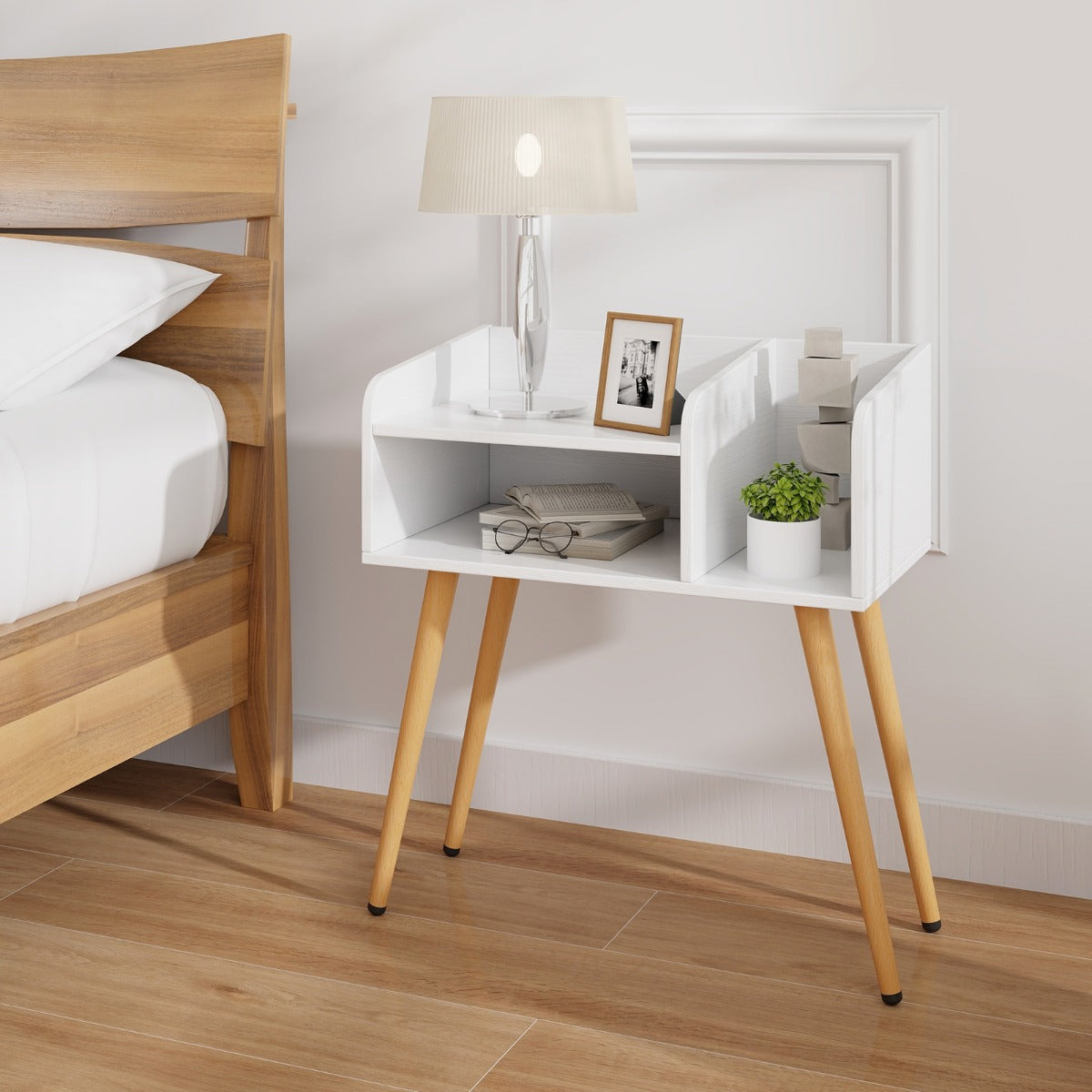 LIVSK Nachtkastje Set van 2 - Modern Design met Open Vak - Verstelbare Metalen Poten - Eenvoudig Schoon te Maken - 50 x 32 x 58