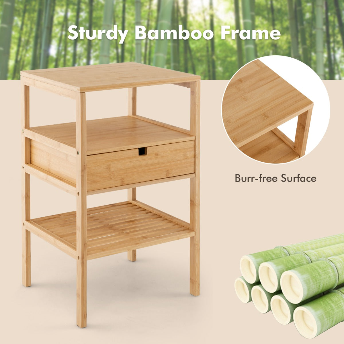 LIVSK Bamboe Nachtkastje - 3-Laags met Uittrekbare Lade - Ruim Tafelblad en 2 Open Planken - Elegant en Praktisch - Natuurlijk