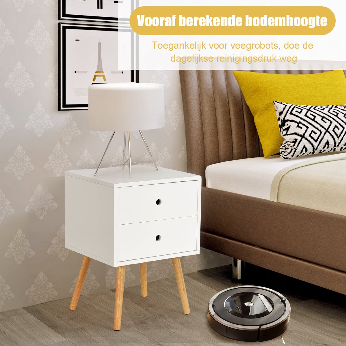 LIVSK Bijzettafel - MDF met Eikenhouten Poten - 2 Uitschuifbare Lades - Stevige Constructie - Draagvermogen 30 kg - Wit