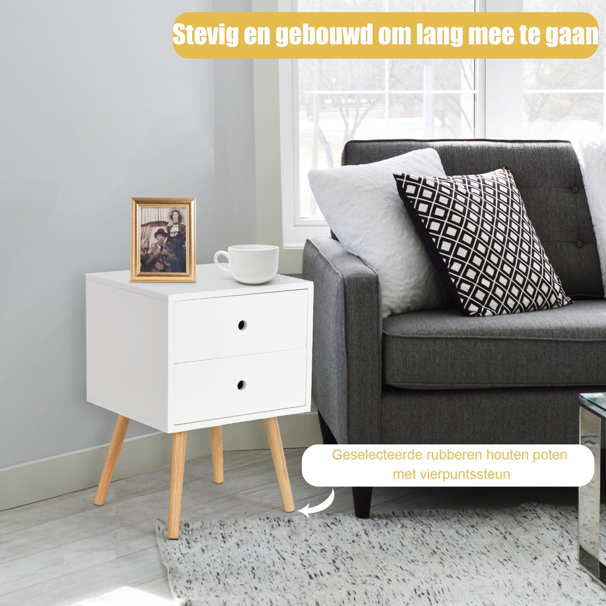 LIVSK Bijzettafel - MDF met Eikenhouten Poten - 2 Uitschuifbare Lades - Stevige Constructie - Draagvermogen 30 kg - Wit